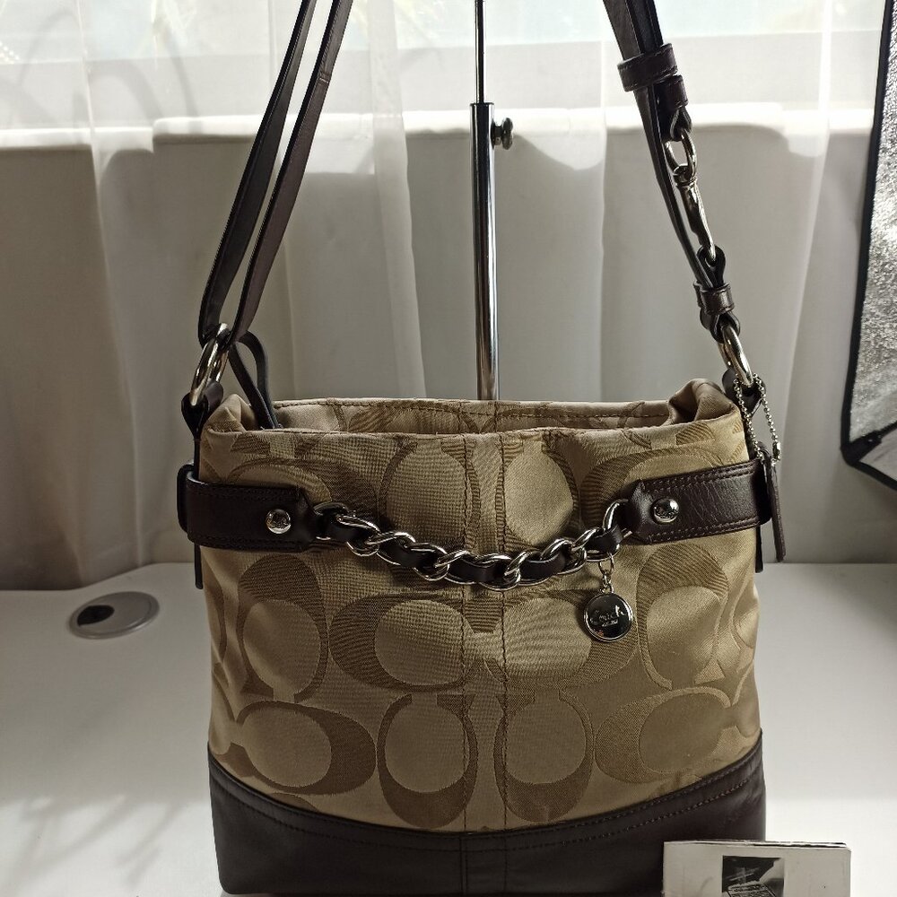 Coach Ashley Medium Brown Beige Crossbody Purse Signature Sateen Leather Strap